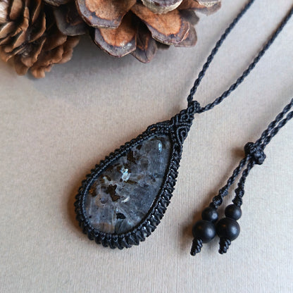 Larvikite Macrame Necklace | Pendant size approx 4.8 cm