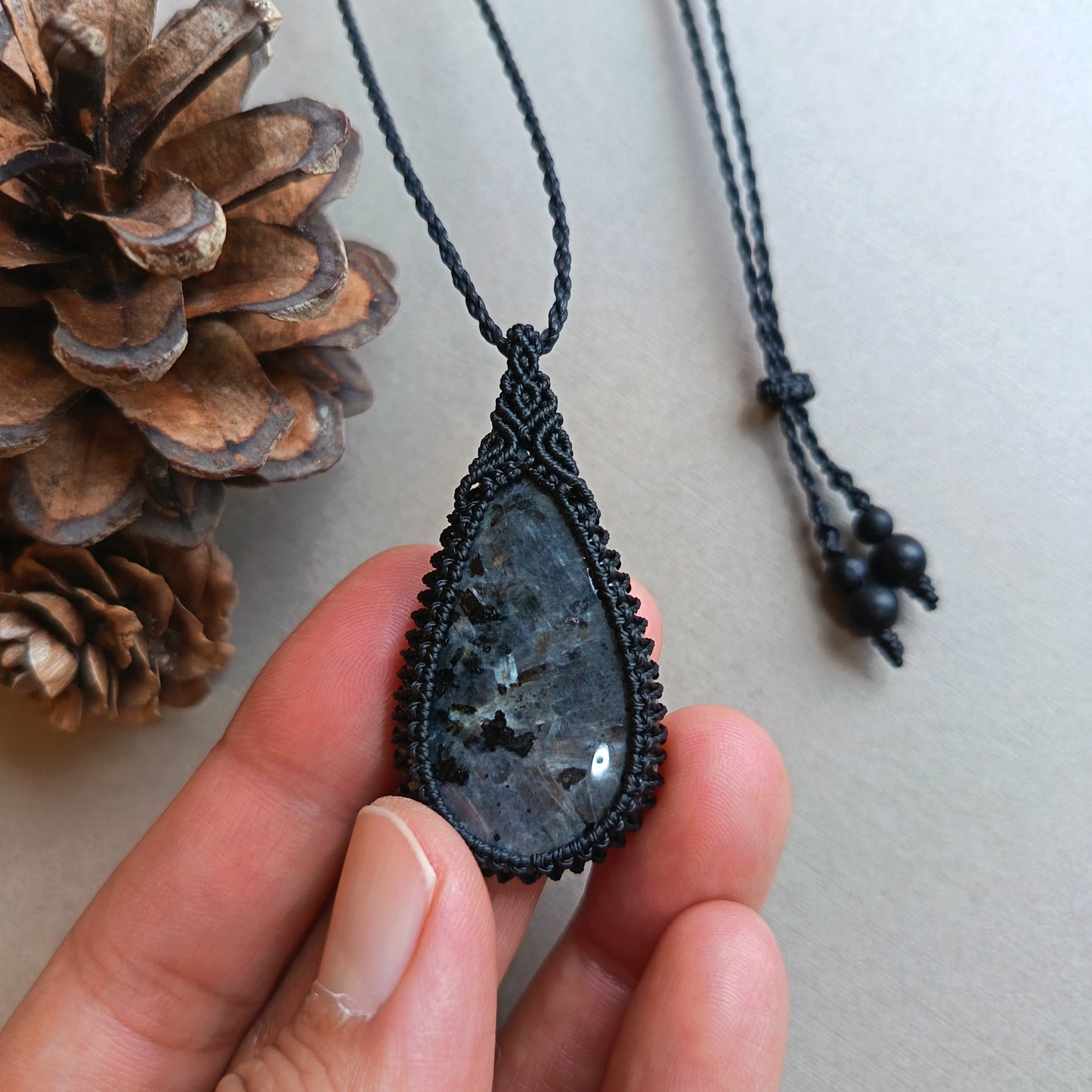 Larvikite Macrame Necklace | Pendant size approx 4.8 cm