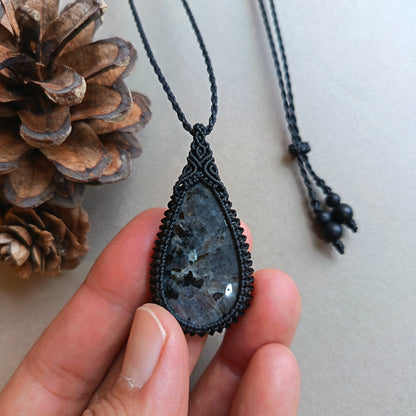 Larvikite Macrame Necklace | Pendant size approx 4.8 cm