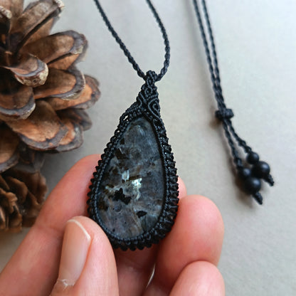 Larvikite Macrame Necklace | Pendant size approx 4.8 cm