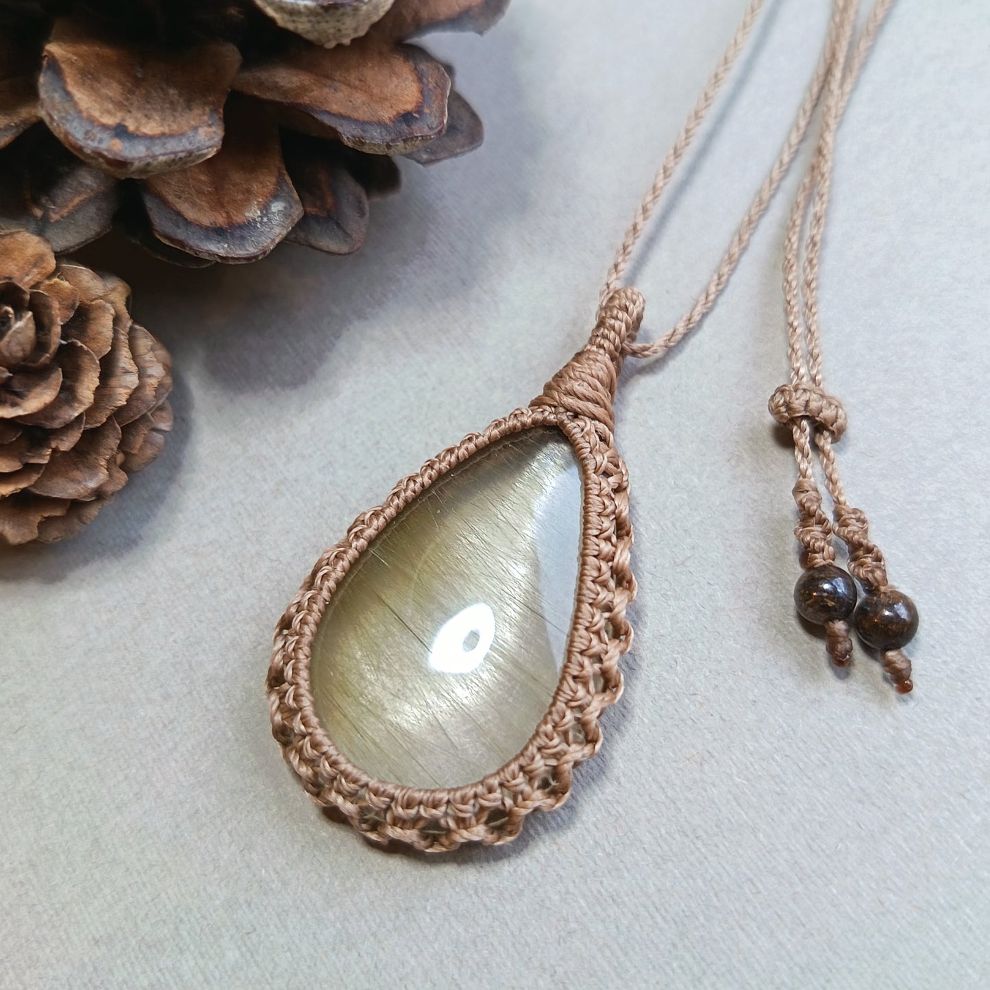 Golden Rutile Quartz Macrame Necklace | Pendant size 4.8 cm