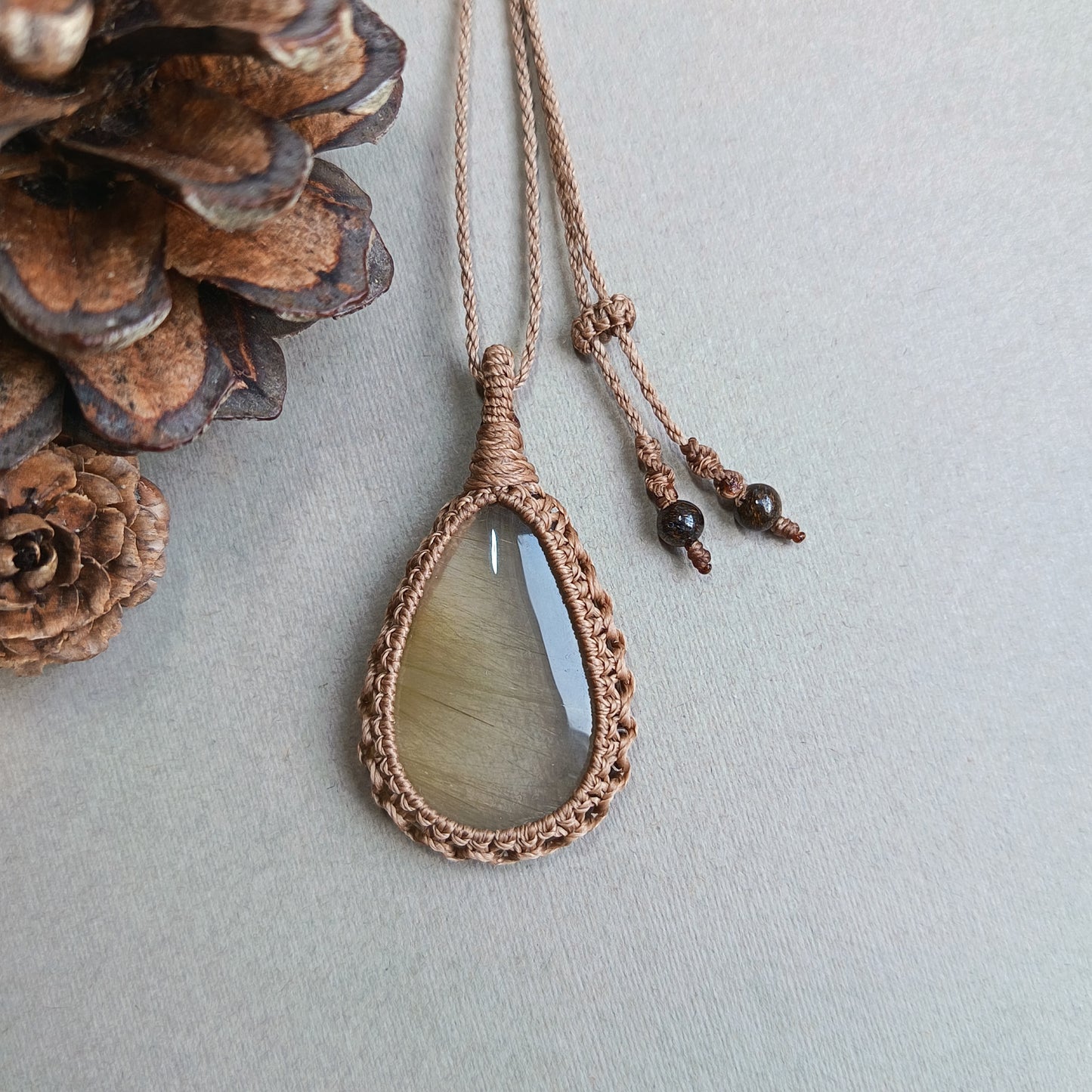 Golden Rutile Quartz Macrame Necklace | Pendant size 4.8 cm