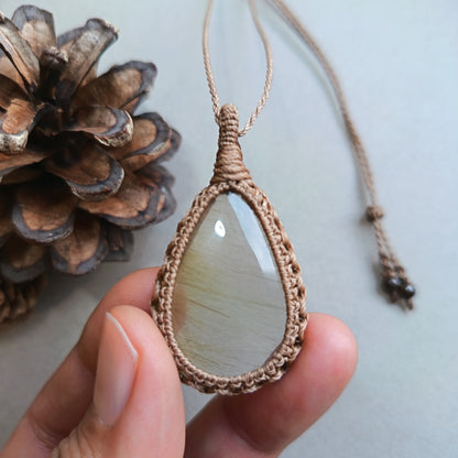 Golden Rutile Quartz Macrame Necklace | Pendant size 4.8 cm