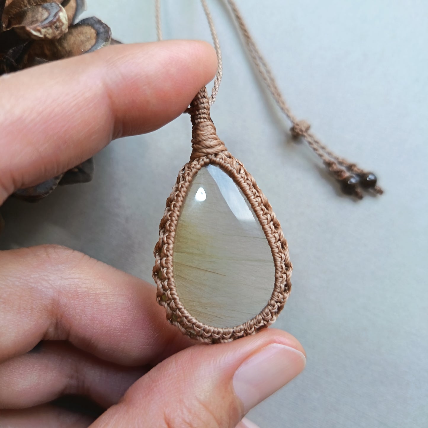 Golden Rutile Quartz Macrame Necklace | Pendant size 4.8 cm