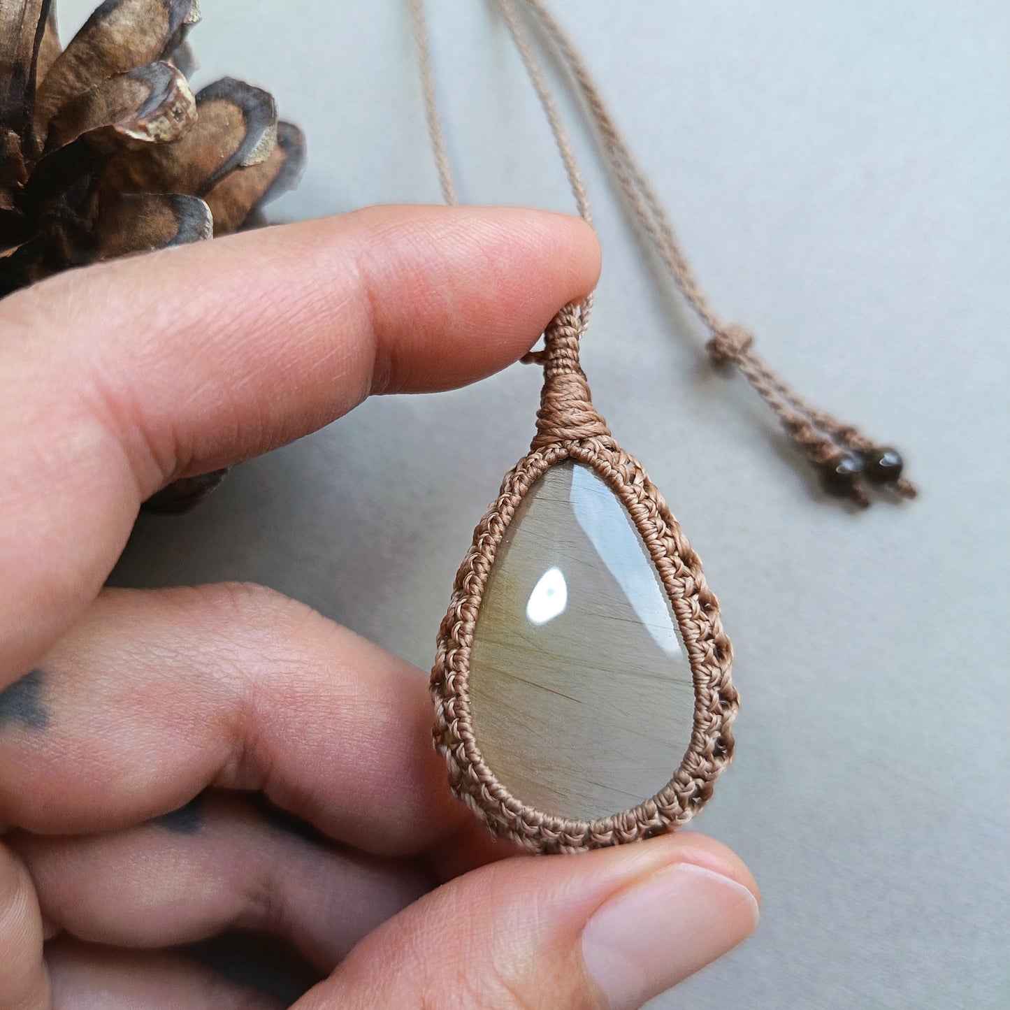 Golden Rutile Quartz Macrame Necklace | Pendant size 4.8 cm