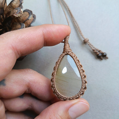 Golden Rutile Quartz Macrame Necklace | Pendant size 4.8 cm