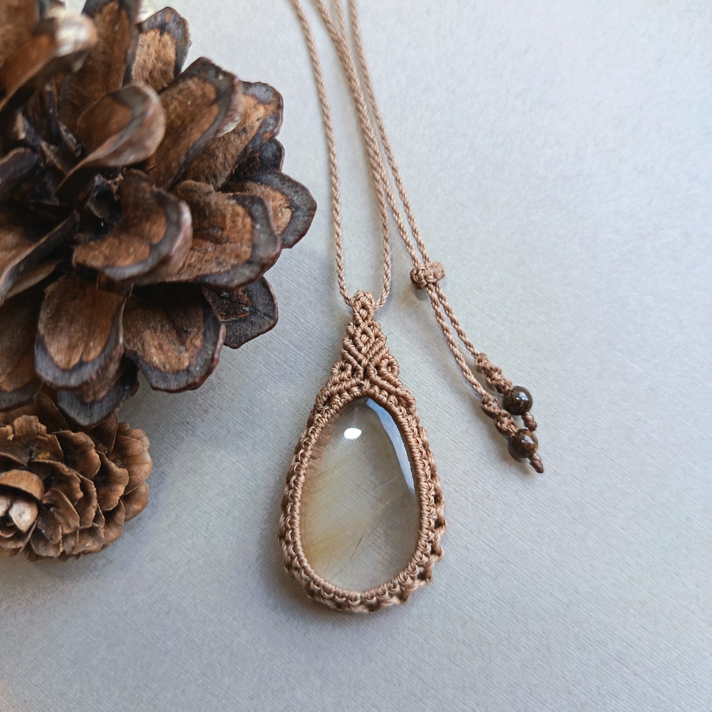Golden Rutile Quartz Macrame Necklace | Pendant size 4.7 cm
