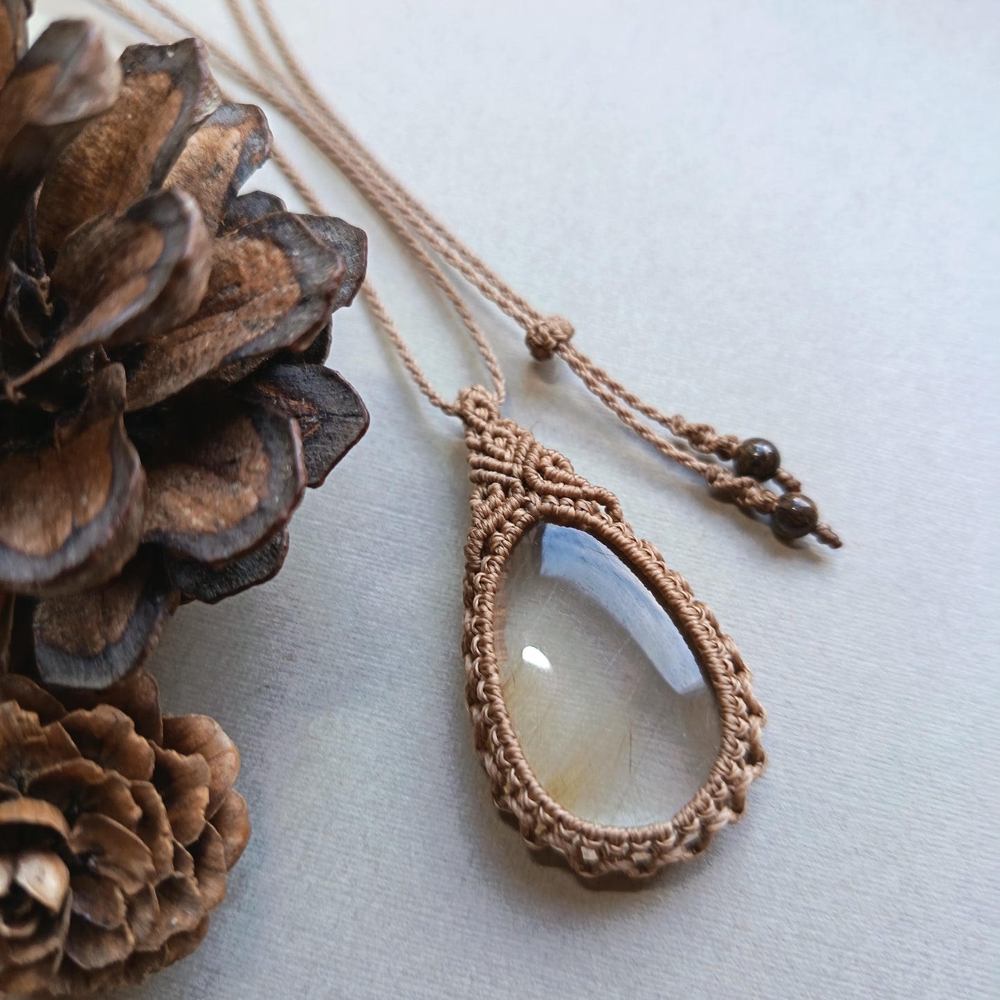 Golden Rutile Quartz Macrame Necklace | Pendant size 4.7 cm