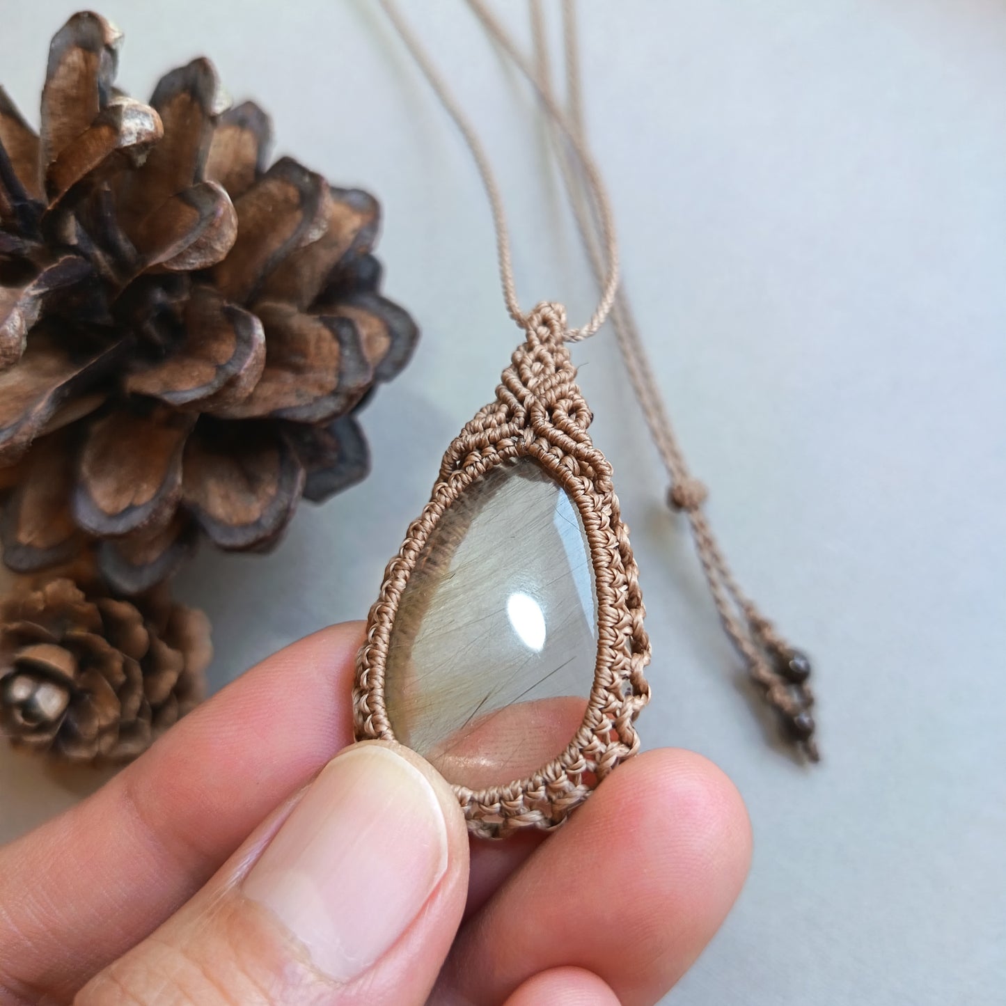 Golden Rutile Quartz Macrame Necklace | Pendant size 4.7 cm