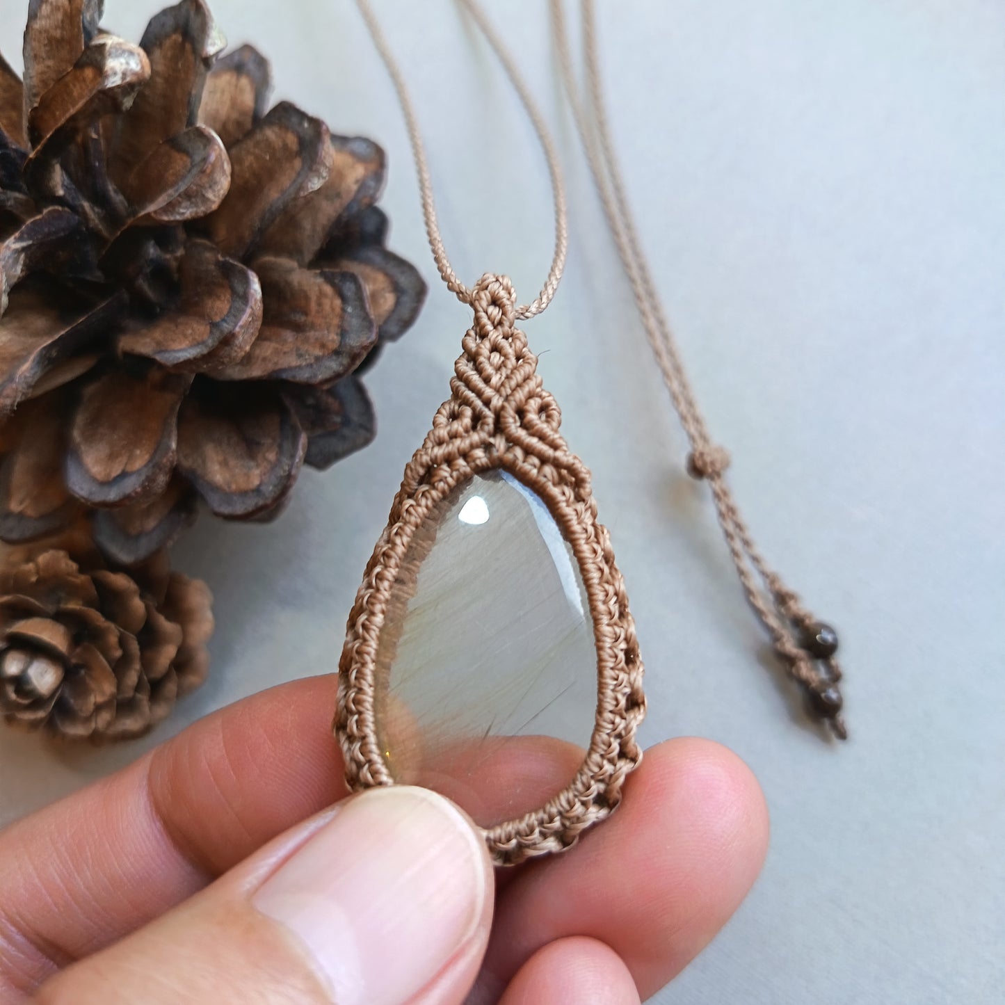 Golden Rutile Quartz Macrame Necklace | Pendant size 4.7 cm