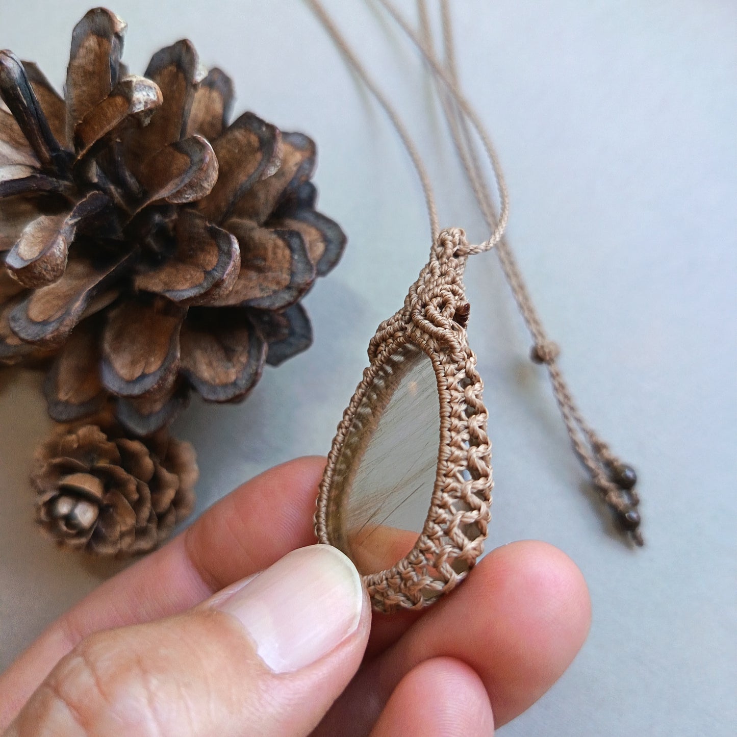 Golden Rutile Quartz Macrame Necklace | Pendant size 4.7 cm