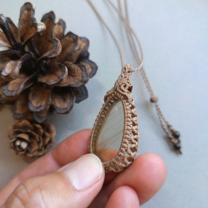 Golden Rutile Quartz Macrame Necklace | Pendant size 4.7 cm