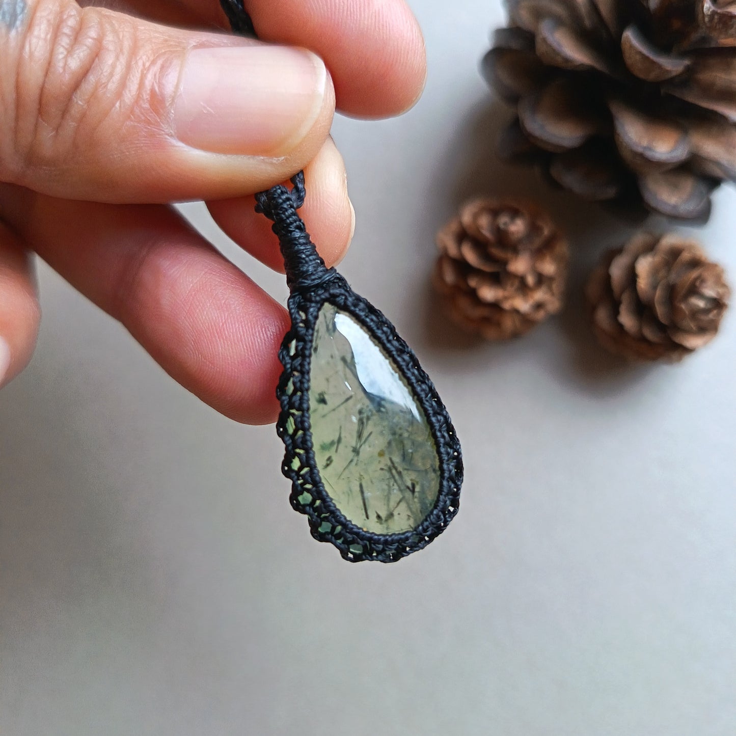 Prehnite Macrame Necklace | Pendant size 4 cm