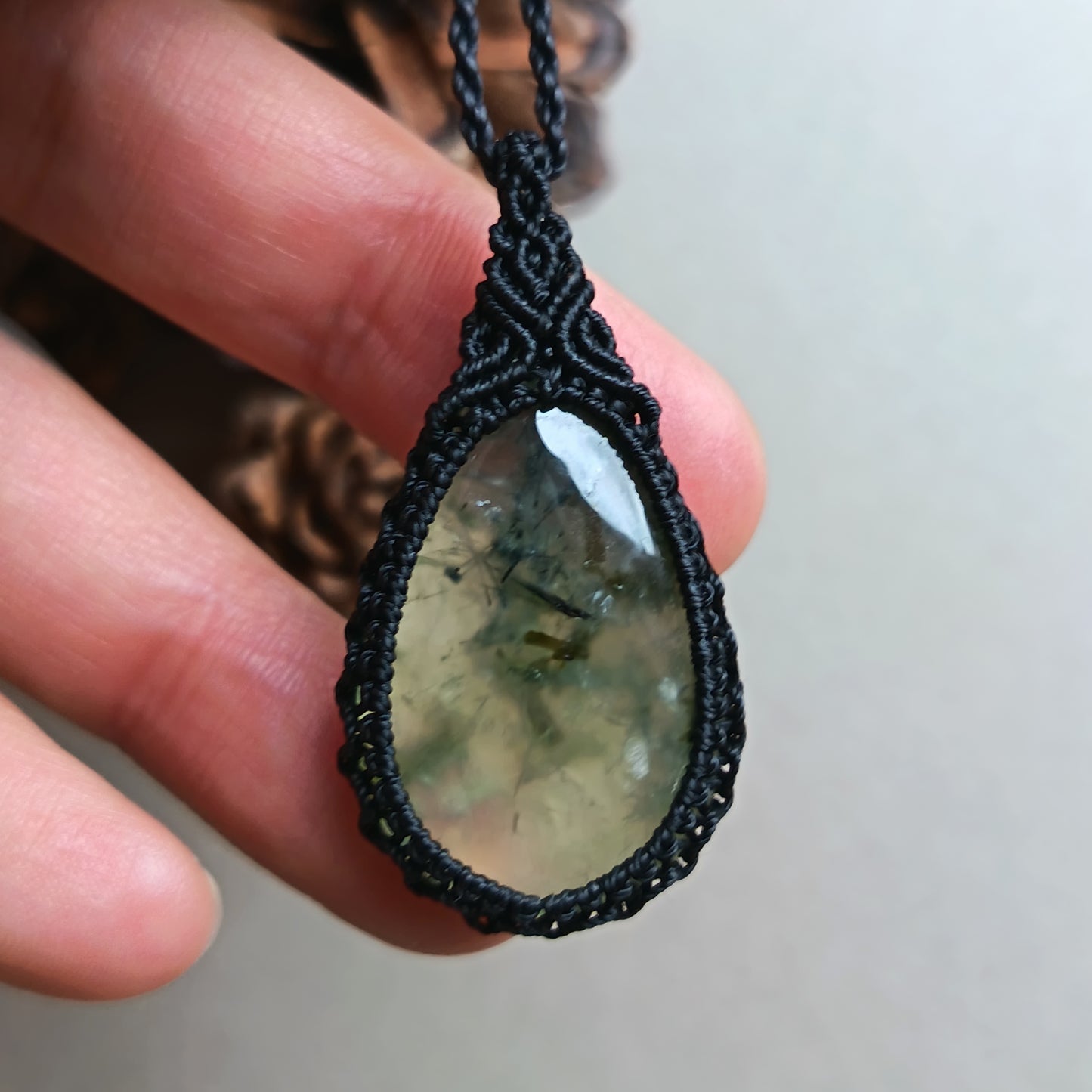 Prehnite Macrame Necklace | Pendant size 4.3 cm
