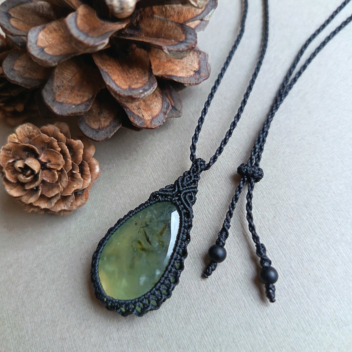 Prehnite Macrame Necklace | Pendant size 4.3 cm