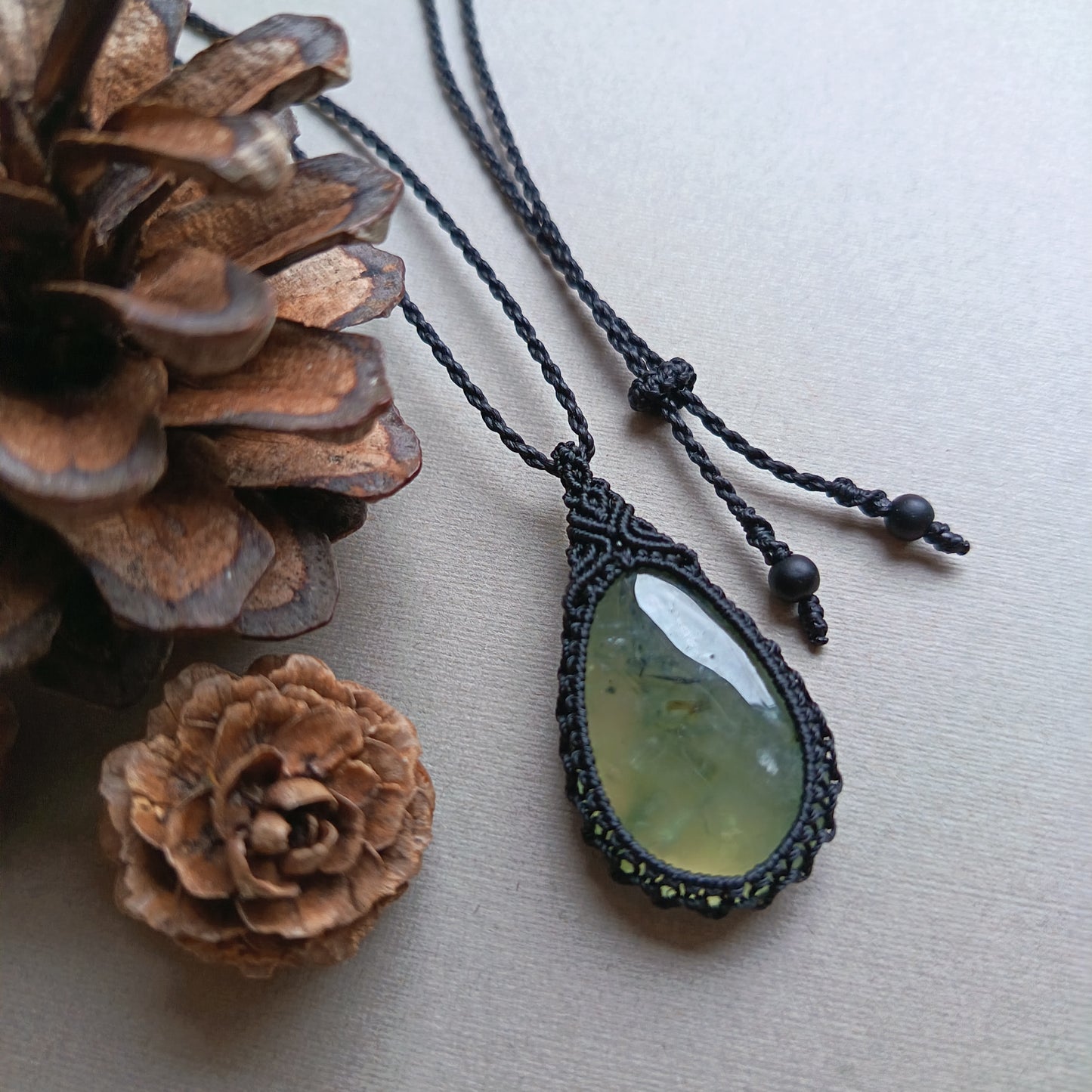 Prehnite Macrame Necklace | Pendant size 4.3 cm