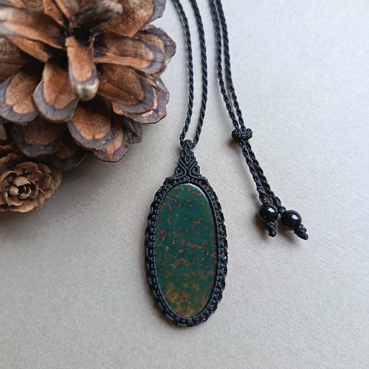 Bloodstone Macrame Necklace | Pendant size approx 5.7 cm
