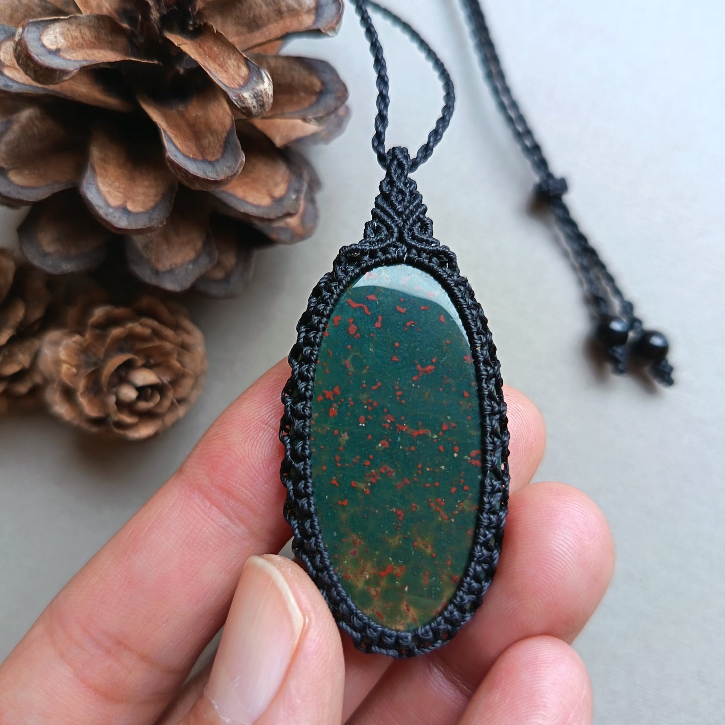 Bloodstone Macrame Necklace | Pendant size approx 5.7 cm