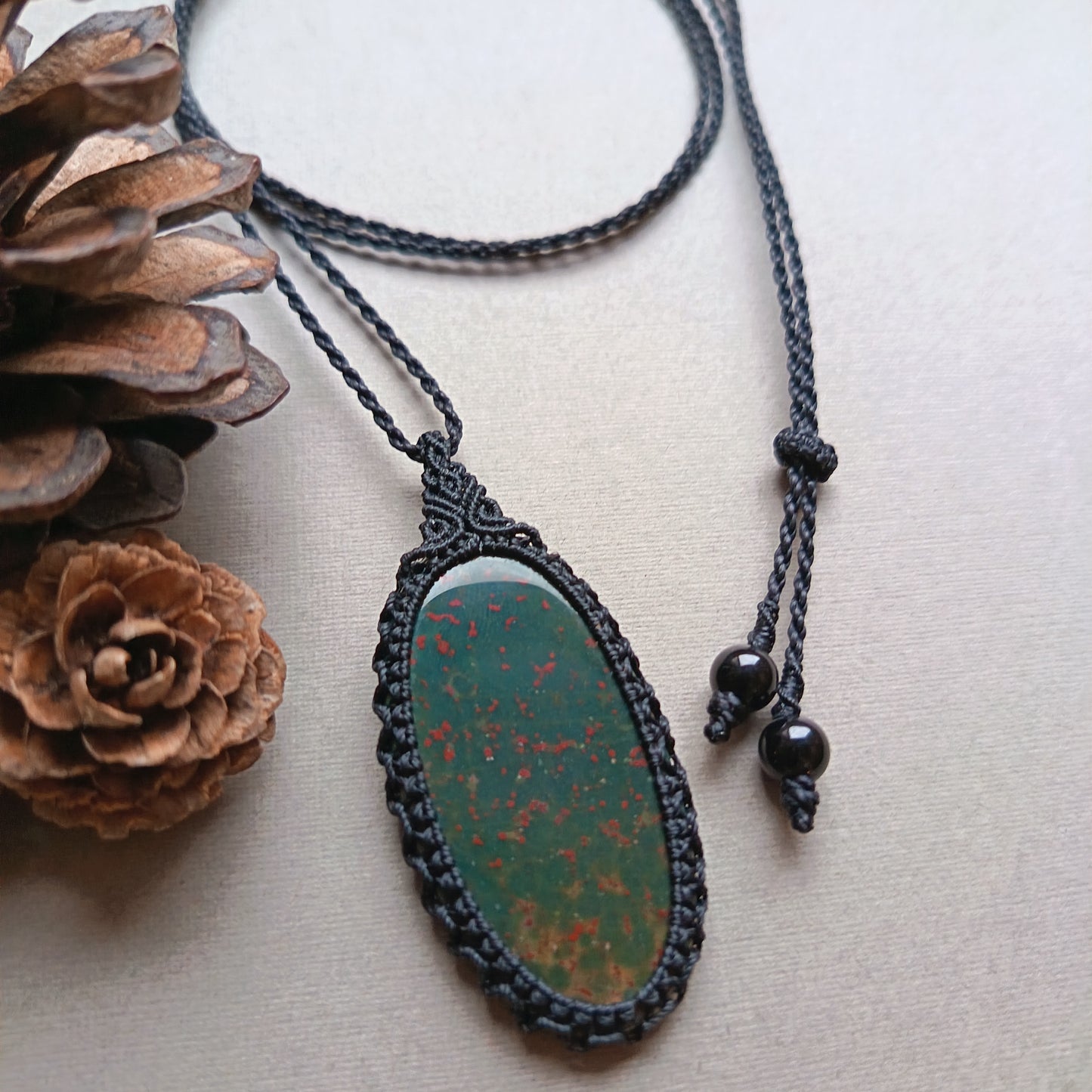 Bloodstone Macrame Necklace | Pendant size approx 5.7 cm