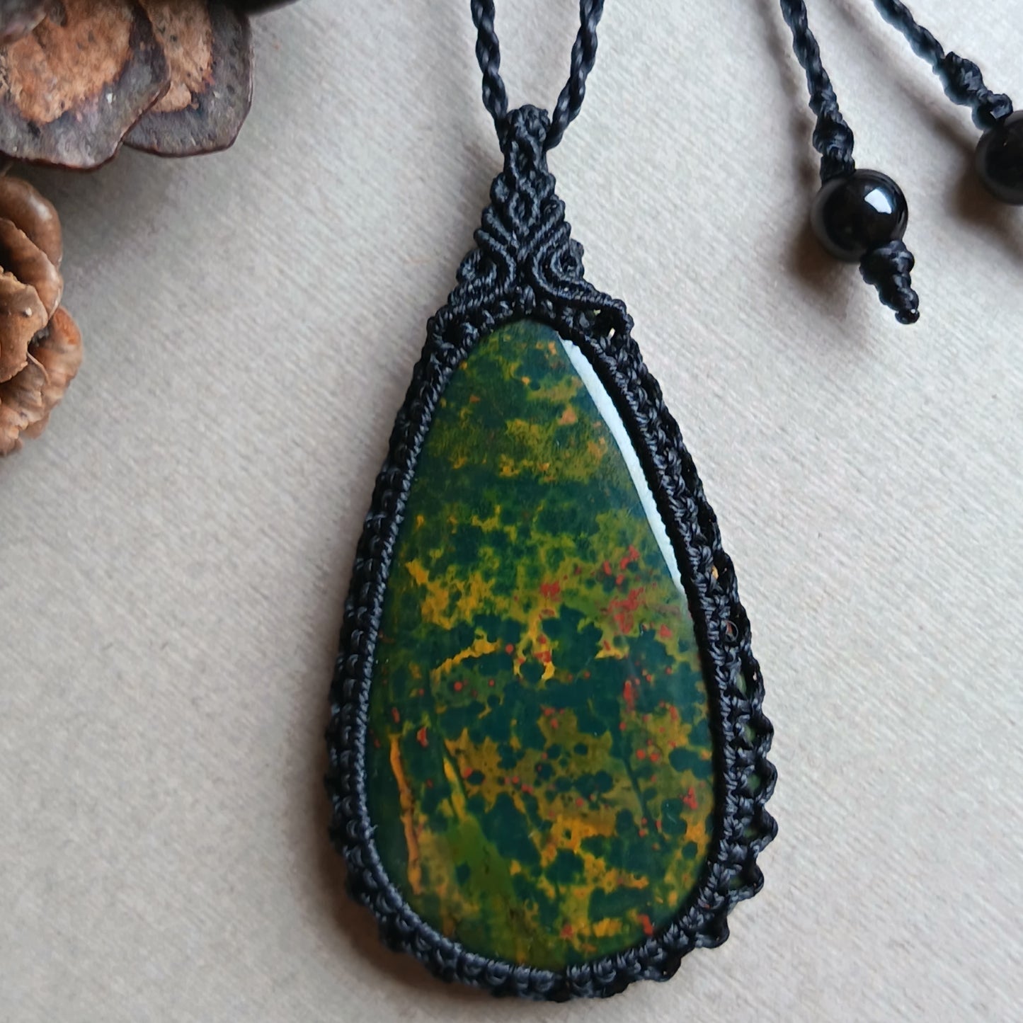 Bloodstone Macrame Necklace | Pendant size 5.8 cm