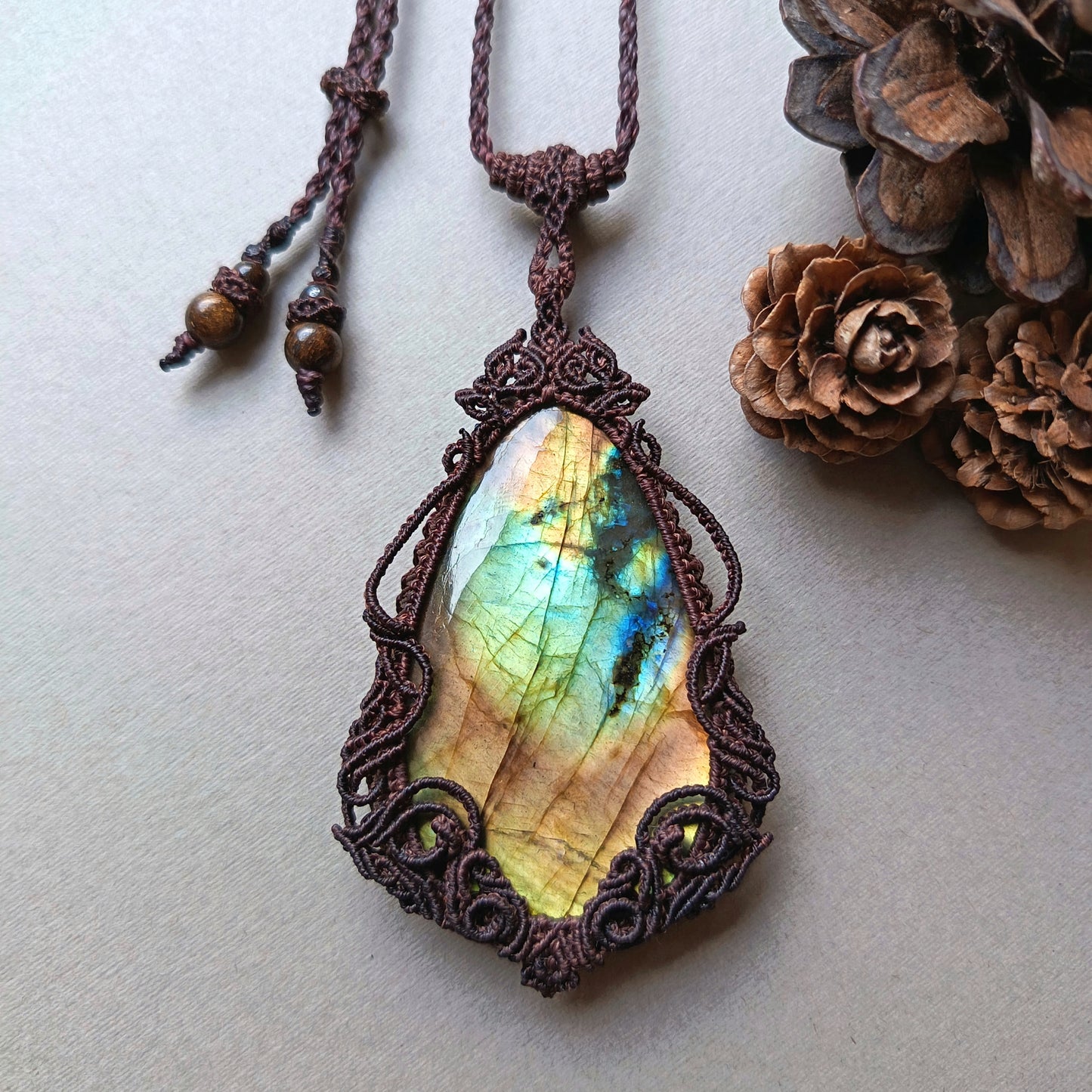 Labradorite Macrame Necklace | Freehand Design | Pendant size approx 8 cm