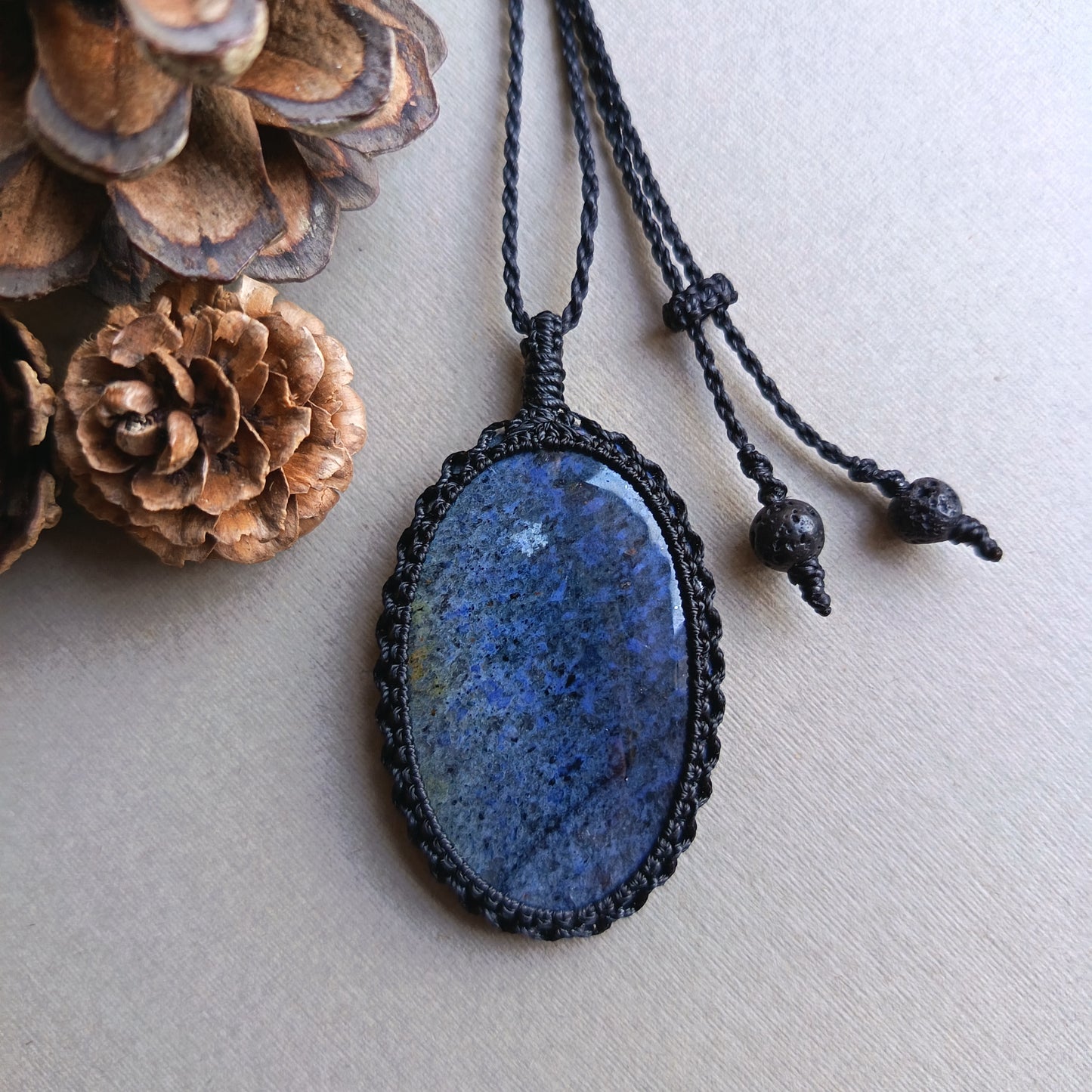 Dumortierite Macrame Necklace | Pendant size approx 5.9 cm
