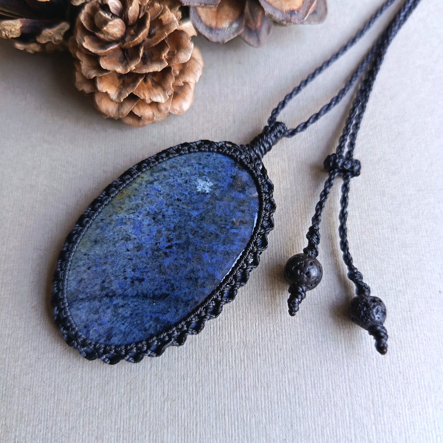 Dumortierite Macrame Necklace | Pendant size approx 5.9 cm