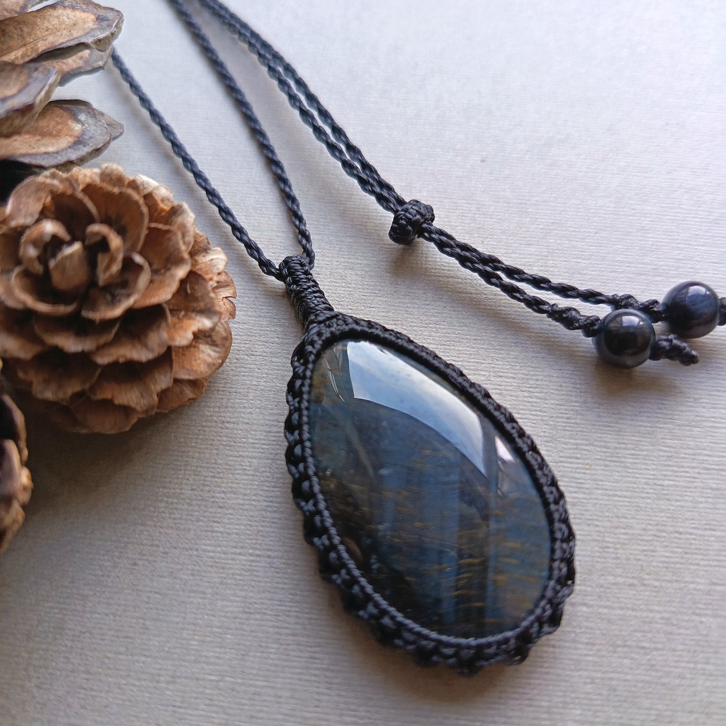 Blue Tiger's Eye Macrame Necklace | Pendant size approx 4.9 cm