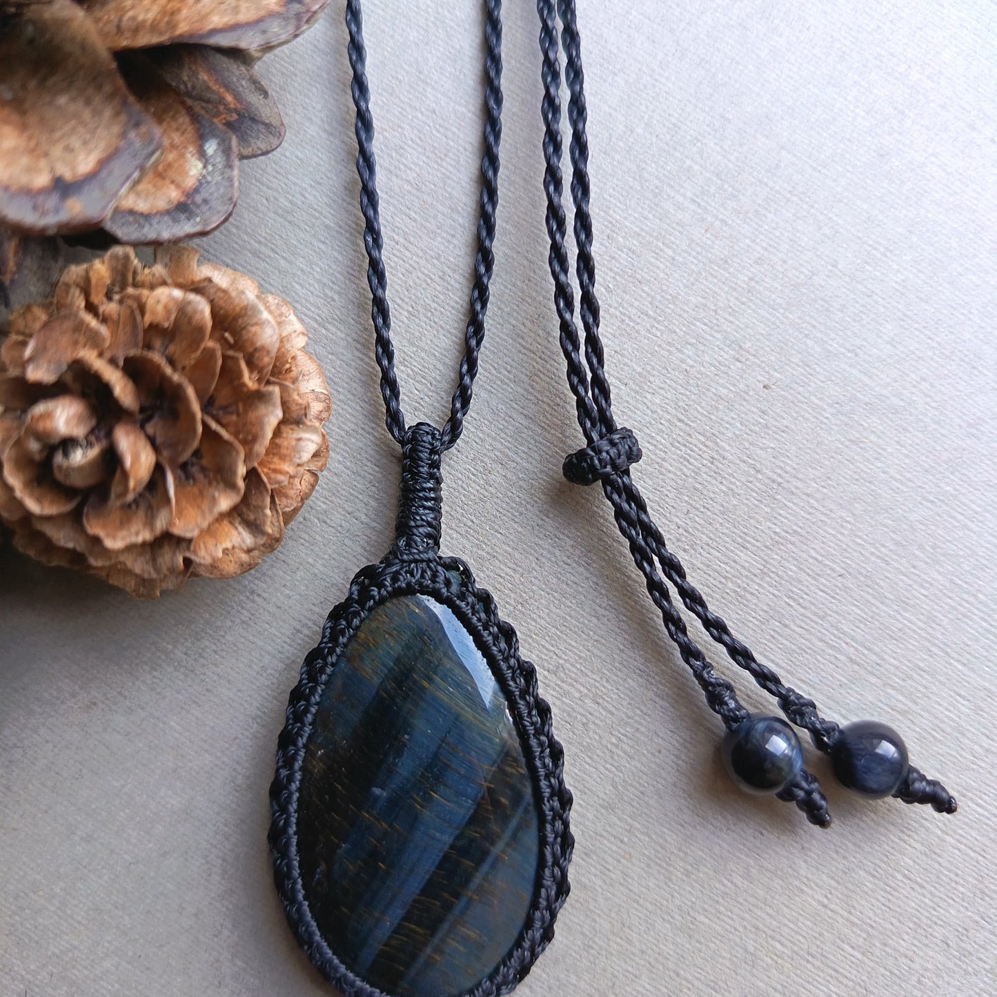 Blue Tiger's Eye Macrame Necklace | Pendant size approx 4.9 cm