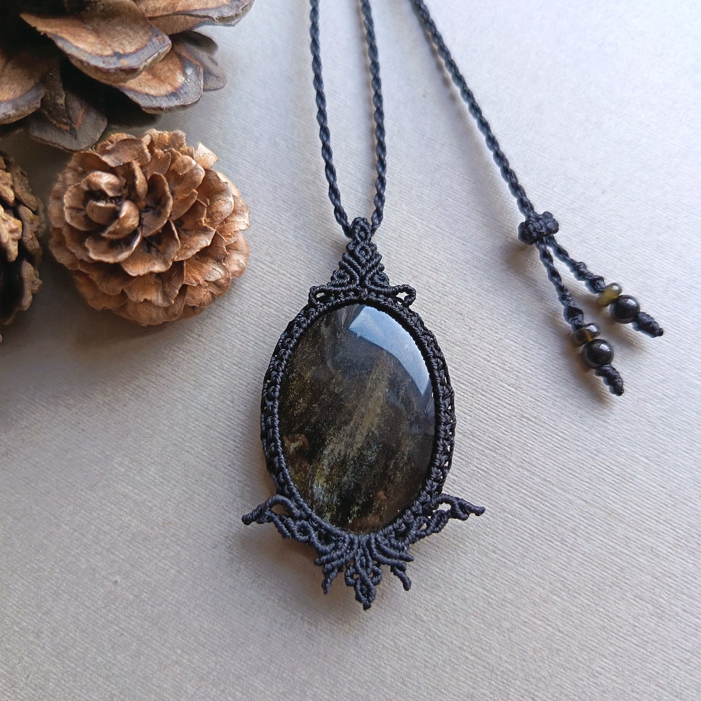 Golden Sheen Obsidian Macrame Necklace | Pendant size 5.4 cm
