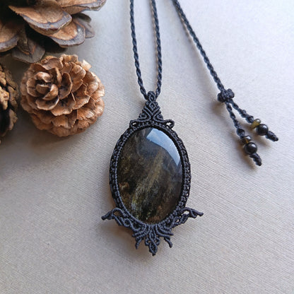 Golden Sheen Obsidian Macrame Necklace | Pendant size 5.4 cm