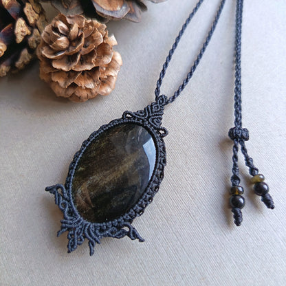 Golden Sheen Obsidian Macrame Necklace | Pendant size 5.4 cm
