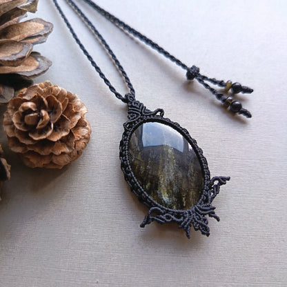 Golden Sheen Obsidian Macrame Necklace | Pendant size 5.4 cm