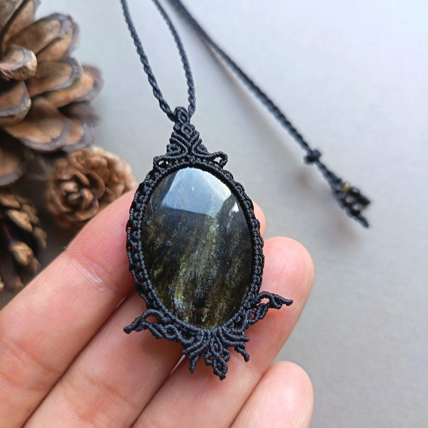 Golden Sheen Obsidian Macrame Necklace | Pendant size 5.4 cm