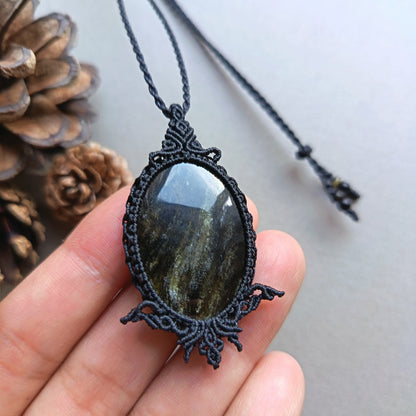 Golden Sheen Obsidian Macrame Necklace | Pendant size 5.4 cm