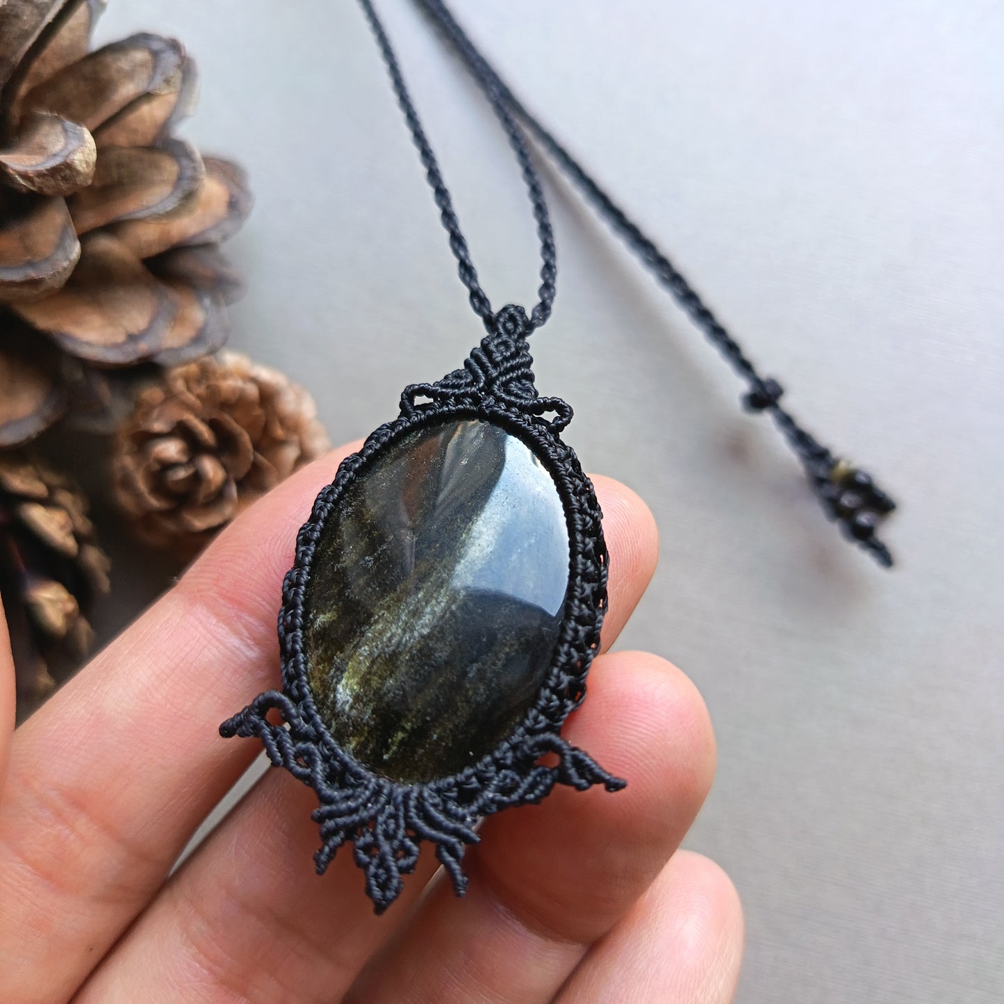 Golden Sheen Obsidian Macrame Necklace | Pendant size 5.4 cm