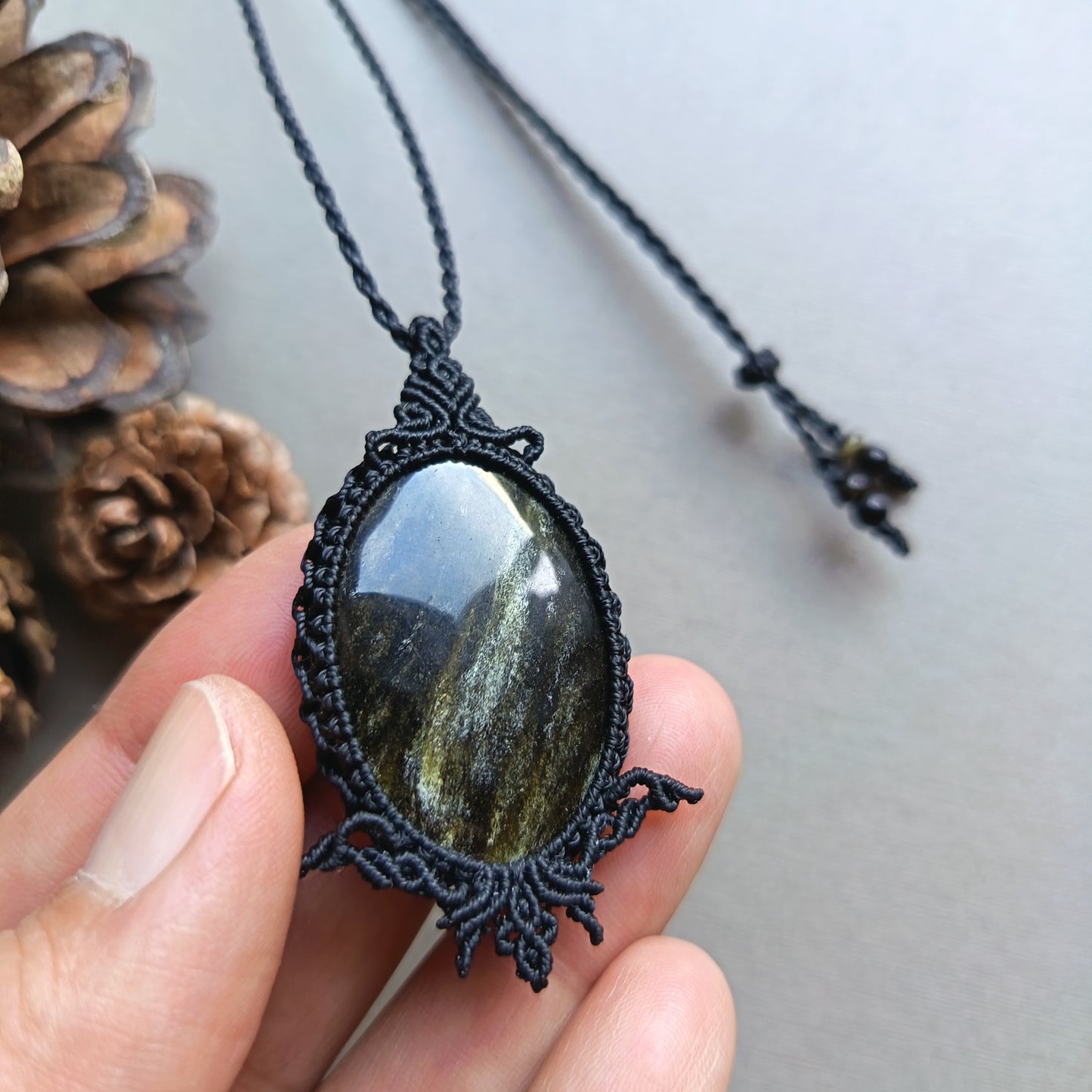 Golden Sheen Obsidian Macrame Necklace | Pendant size 5.4 cm