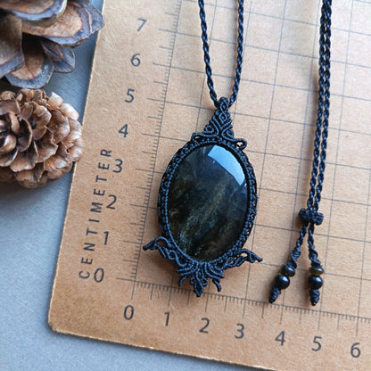 Golden Sheen Obsidian Macrame Necklace | Pendant size 5.4 cm