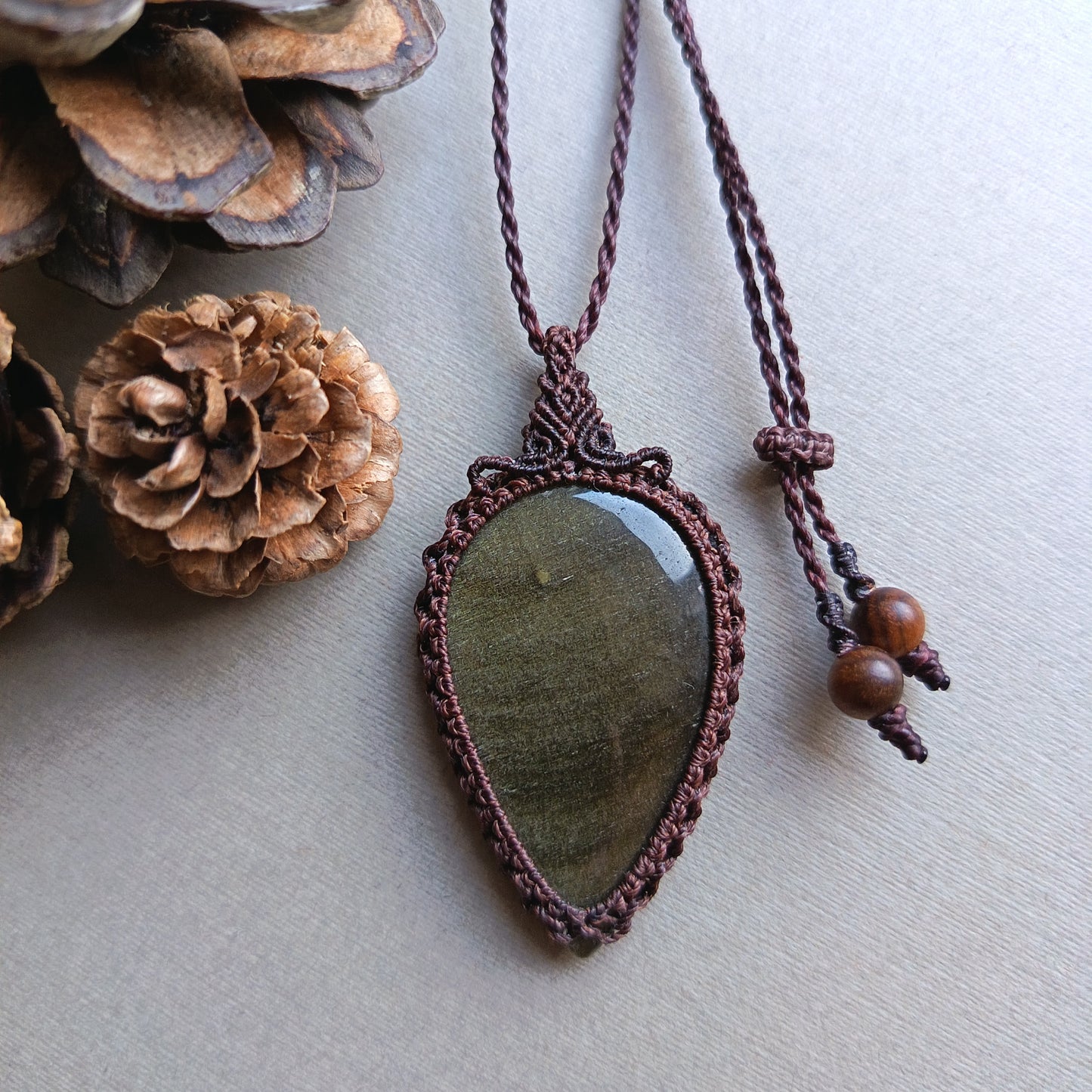 Golden Sheen Obsidian Macrame Necklace | Pendant size 6 cm
