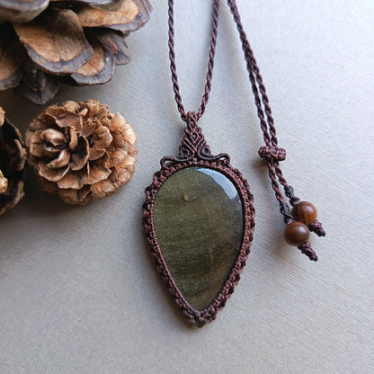 Golden Sheen Obsidian Macrame Necklace | Pendant size 6 cm
