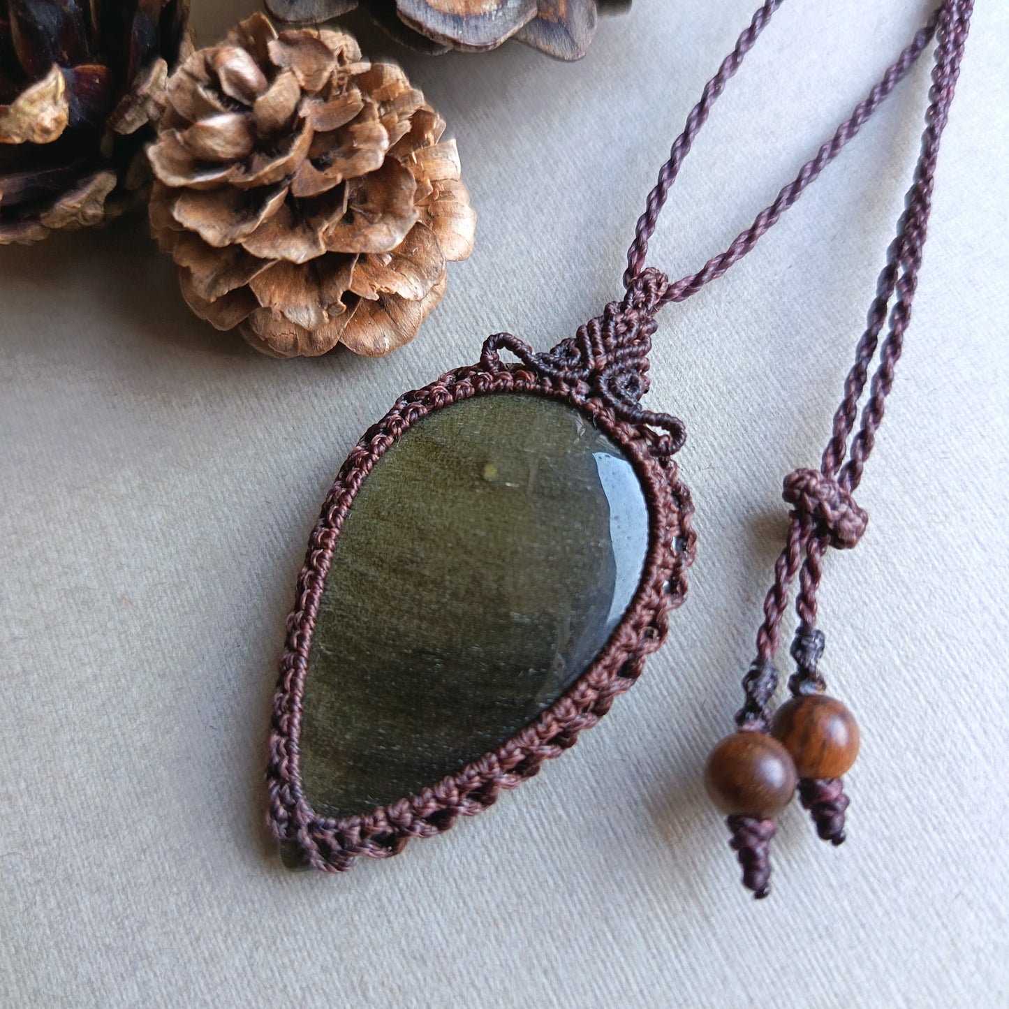 Golden Sheen Obsidian Macrame Necklace | Pendant size 6 cm
