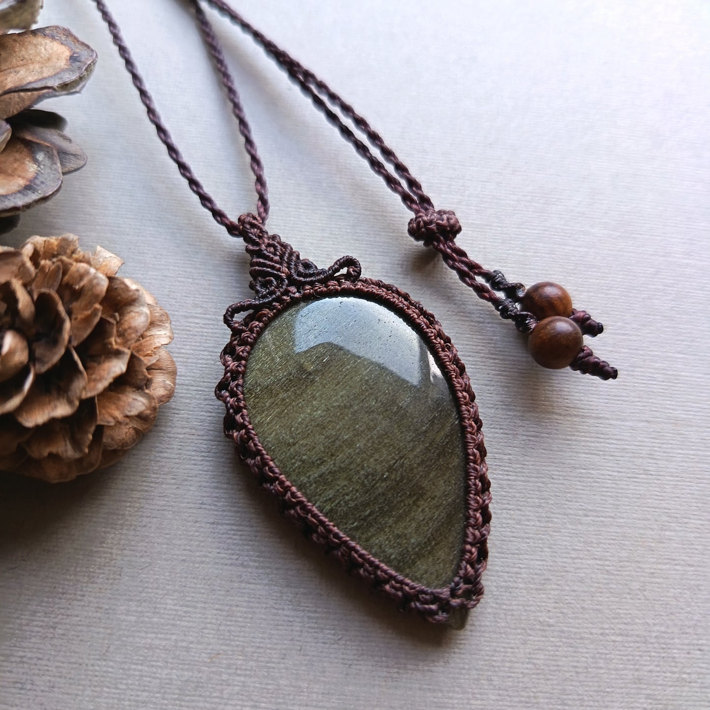 Golden Sheen Obsidian Macrame Necklace | Pendant size 6 cm