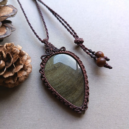 Golden Sheen Obsidian Macrame Necklace | Pendant size 6 cm