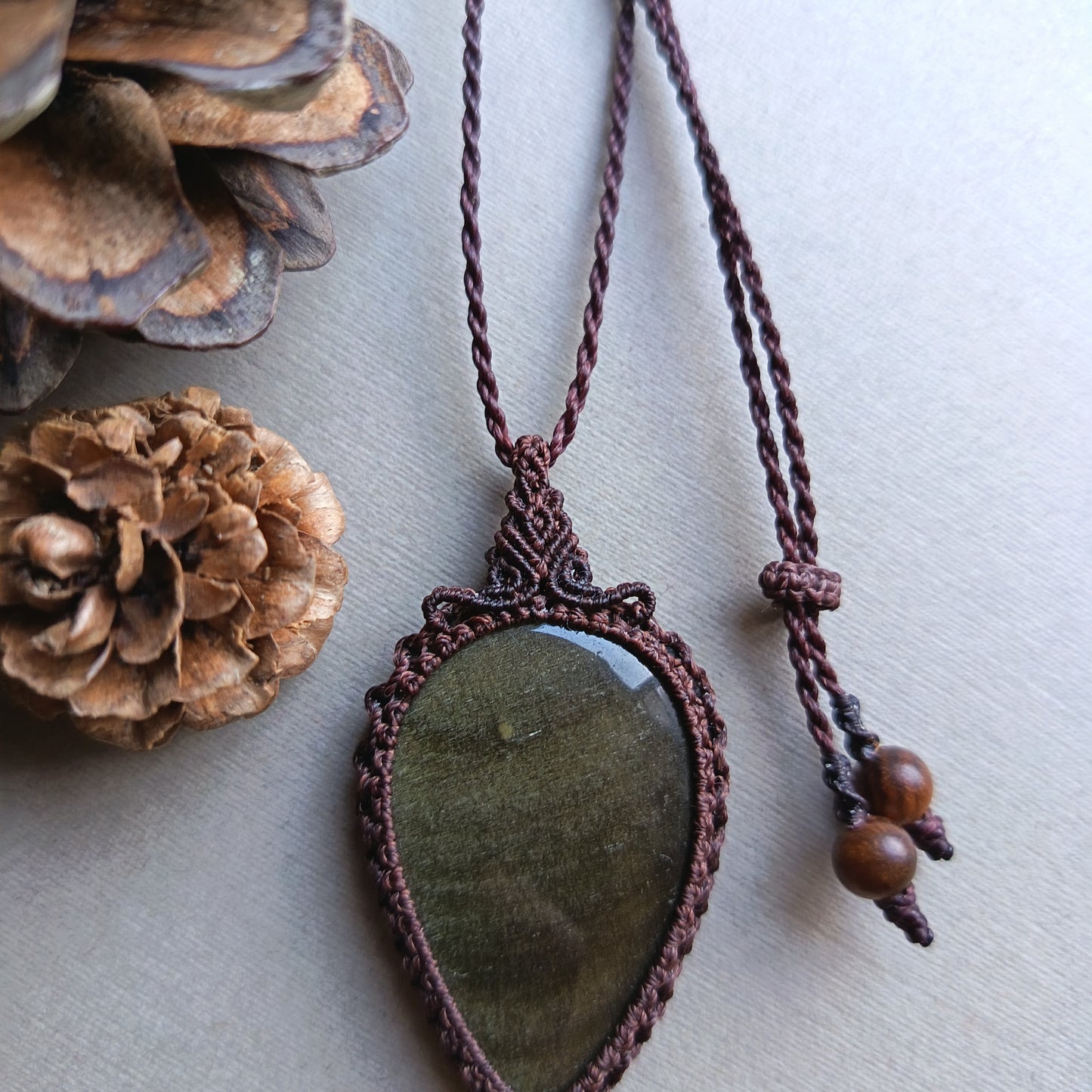 Golden Sheen Obsidian Macrame Necklace | Pendant size 6 cm