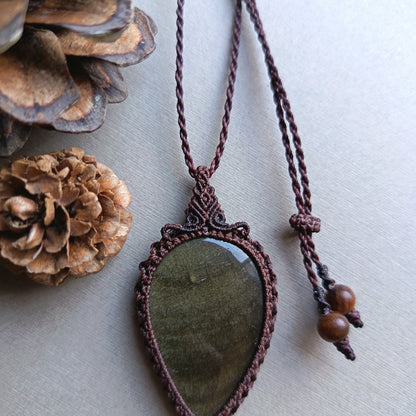Golden Sheen Obsidian Macrame Necklace | Pendant size 6 cm