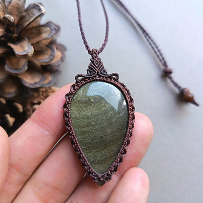 Golden Sheen Obsidian Macrame Necklace | Pendant size 6 cm