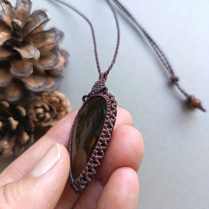 Golden Sheen Obsidian Macrame Necklace | Pendant size 6 cm