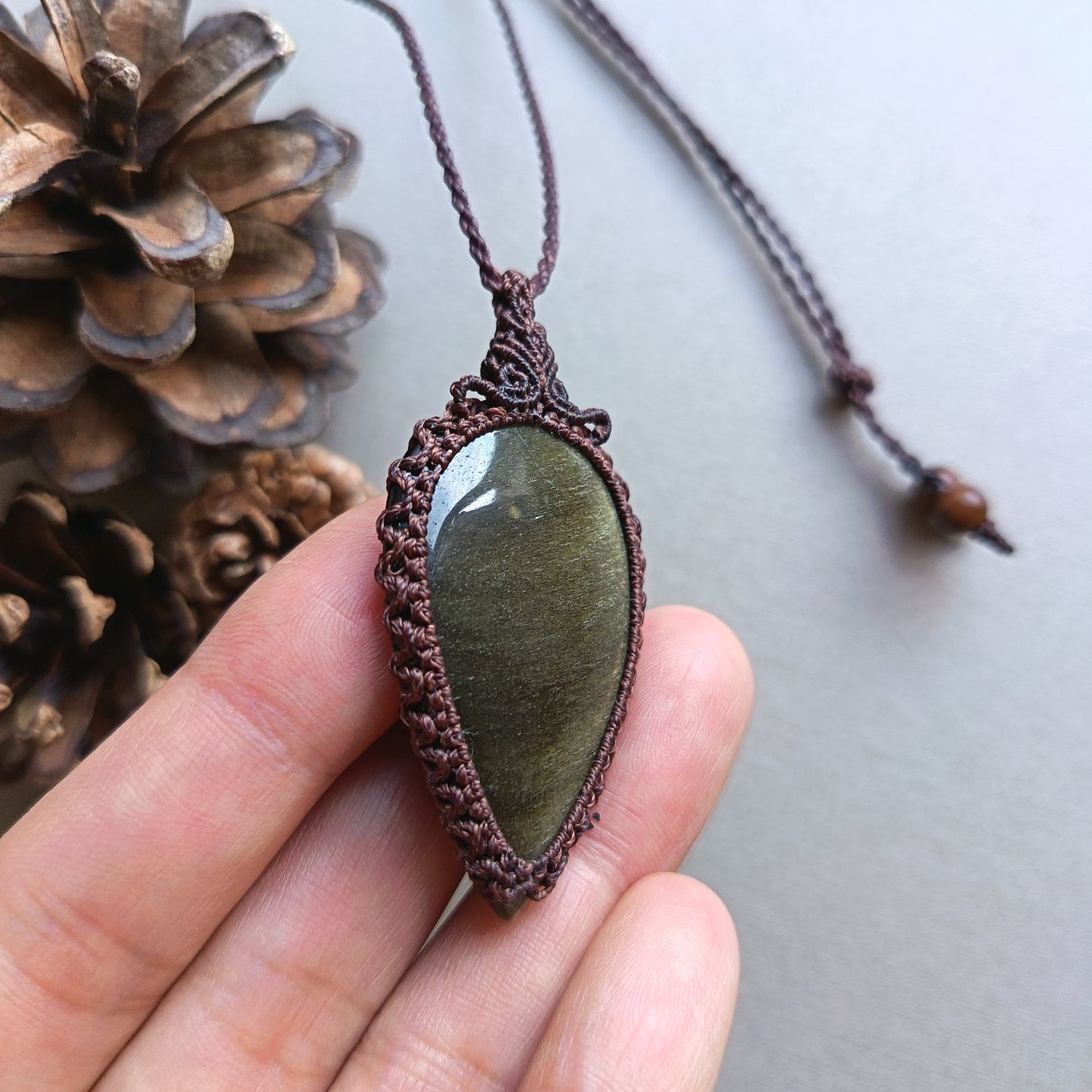 Golden Sheen Obsidian Macrame Necklace | Pendant size 6 cm