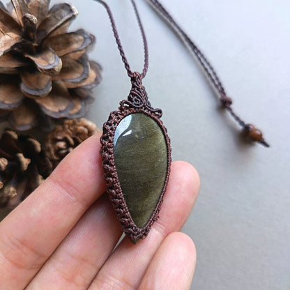 Golden Sheen Obsidian Macrame Necklace | Pendant size 6 cm