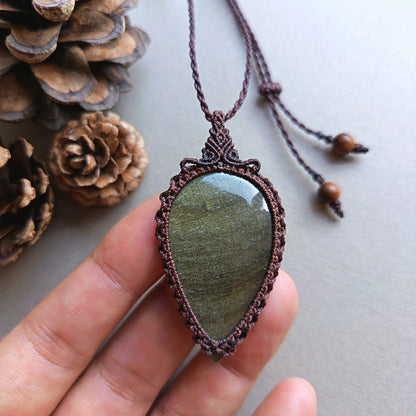 Golden Sheen Obsidian Macrame Necklace | Pendant size 6 cm